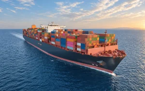 cargo-ship-carrying-colourful-shipping-containers-at-sea-in-warm-sunlight